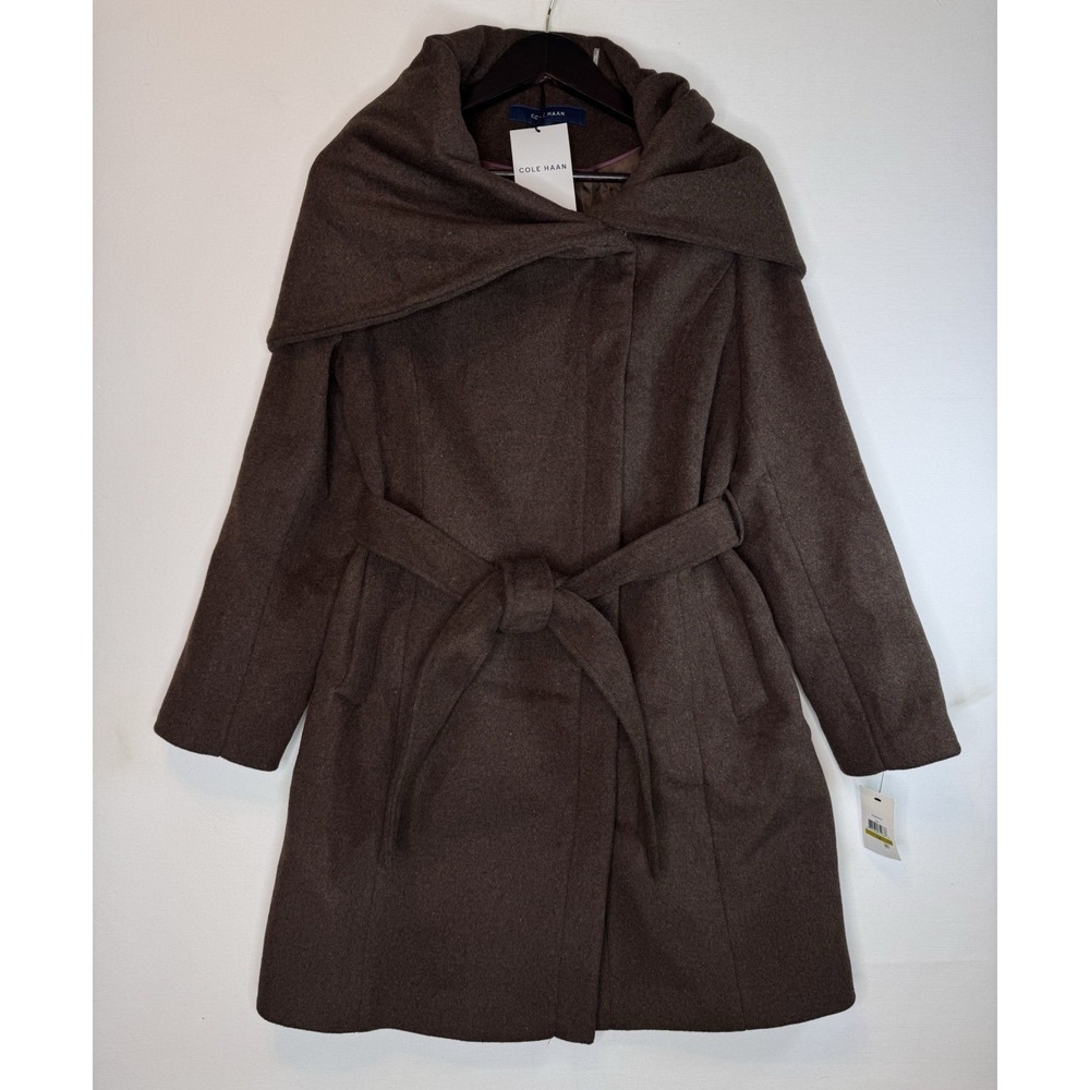 Cole Haan Wool Blend Belted Wrap Brown Coat Size 14 NWT Draped Shawl Collar, Zip